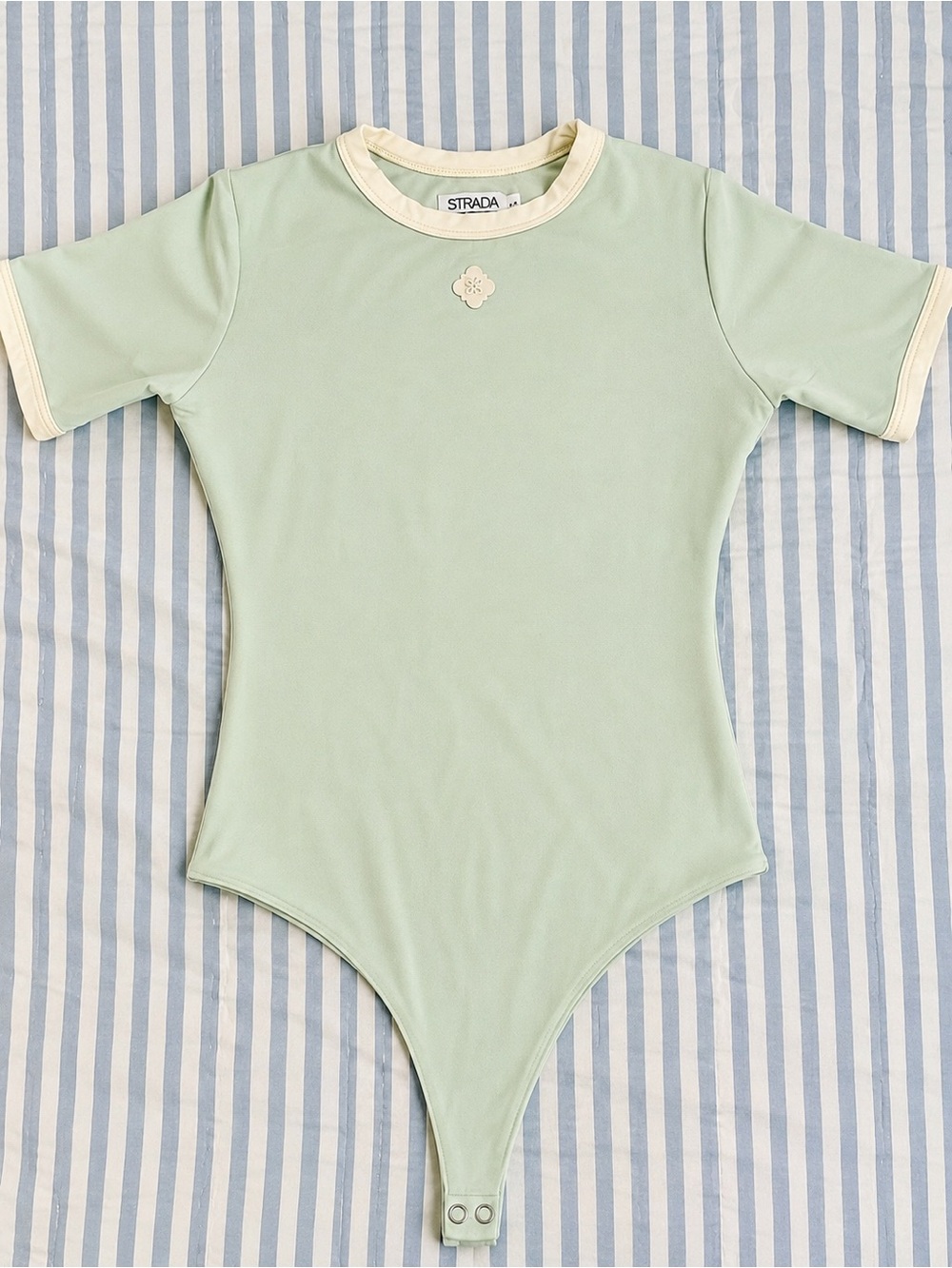 Strada Mint Green Short-Sleeve Bodysuit with Cream Trim